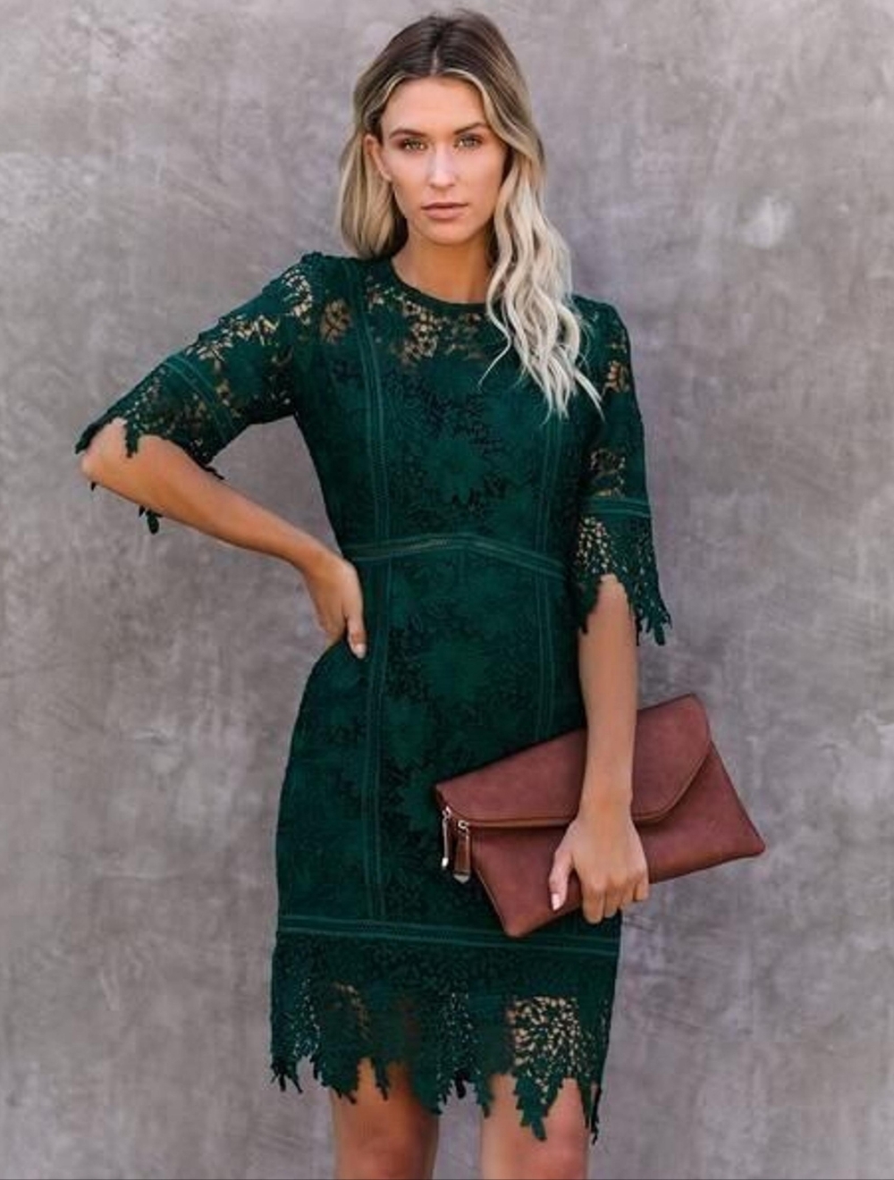 Minuet Petite Dark Green Lace Midi Dress